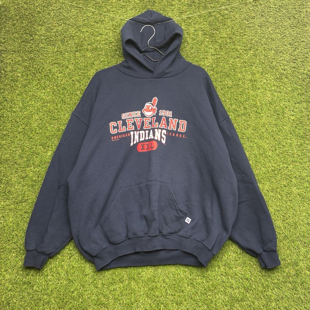 Vintage Cleveland Indians Hoodie Mens 2XL Russell Athletic 2004 Blue Sweatshirt